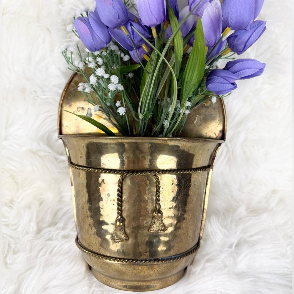 Vintage Hand Crafted Brass Wall Planter With Rope and Tassel Detail